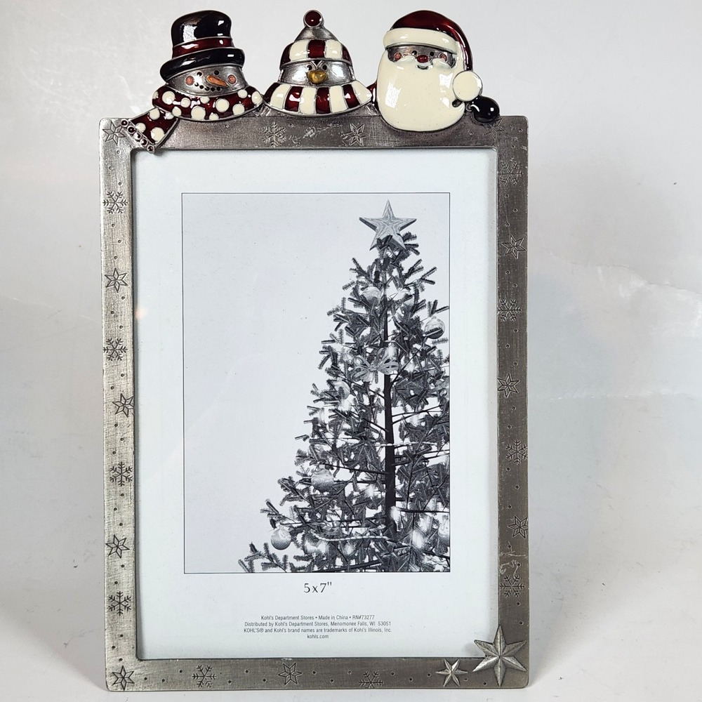 Kohls Pewter Christmas Picture Frame 4 x 7 Snowmen Penguin Santa Enamel Holiday